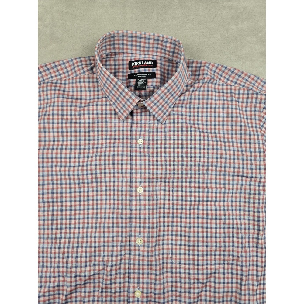 Kirkland Signature Dress Shirt Mens 16.5-34/35 Blue Red Plaid Non-Iron Pima